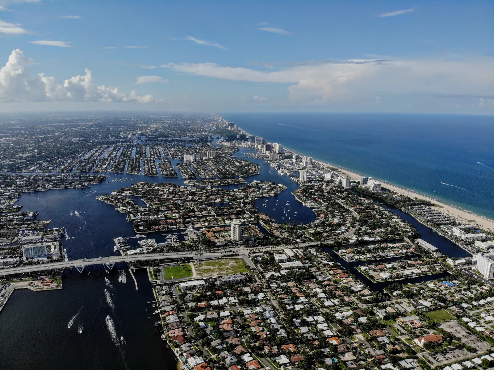 Aerial view of Fort Lauderdale’s waterfront neighborhoods, the Intracoastal Waterway and the beach