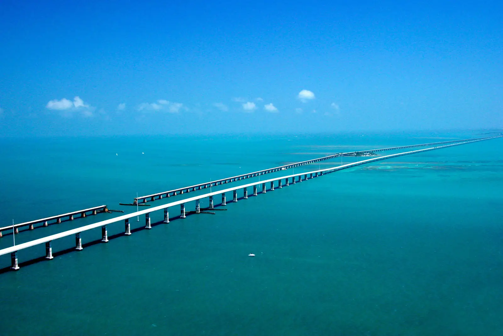 Aerial view of the Seven Mile Bridge running from Marathon across the water in the Florida Keys