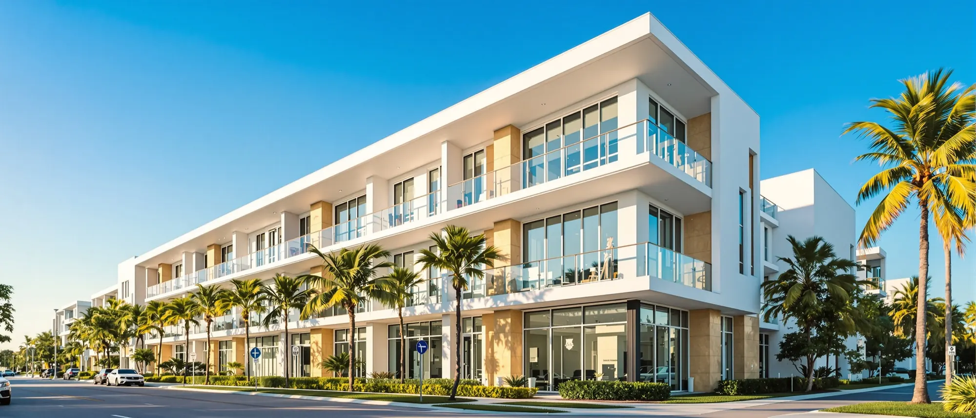 Modern mixed-use building with palm trees in South Florida at golden hour