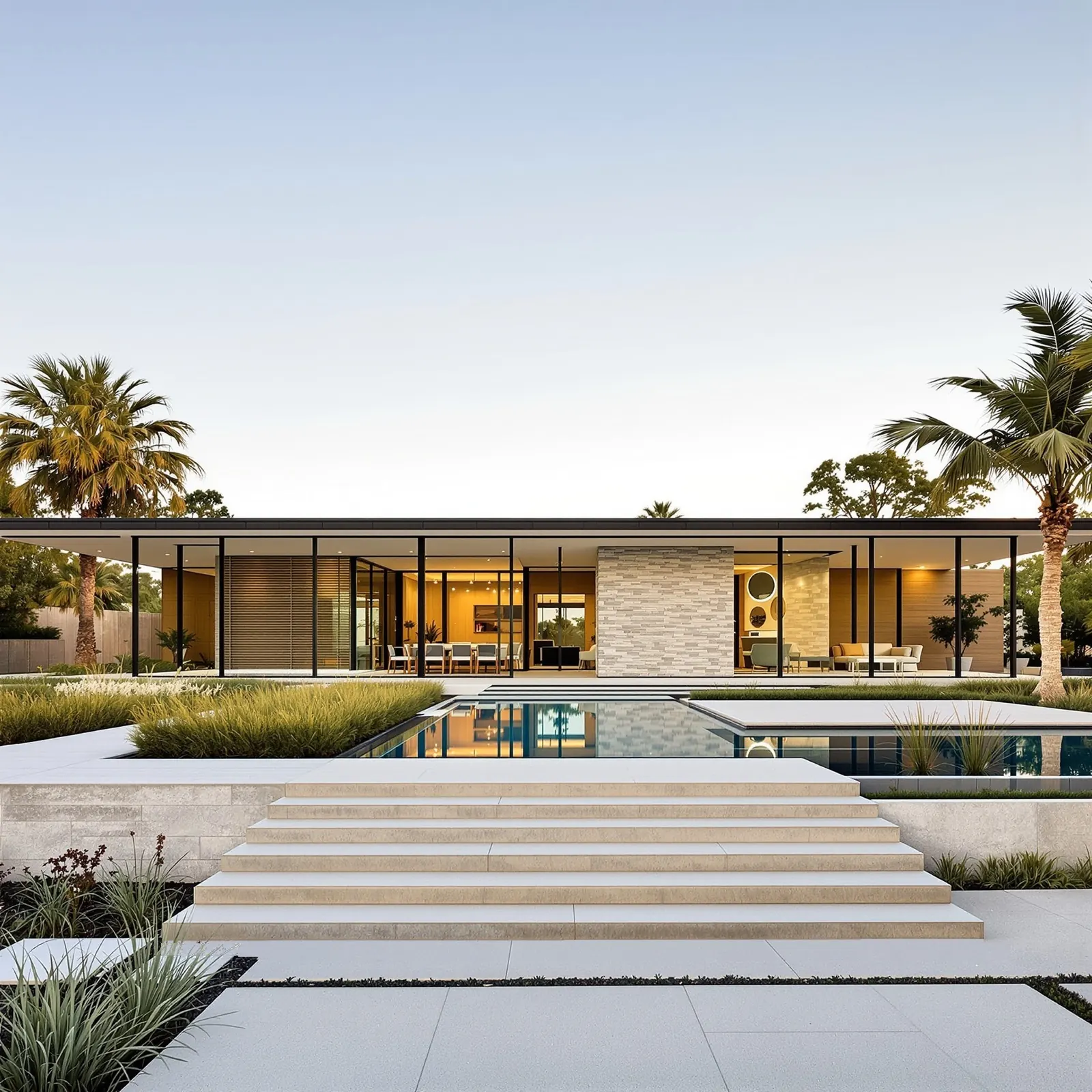 A modern South Florida home, drawn as an architect's blueprint sketch on one side and finished on the other