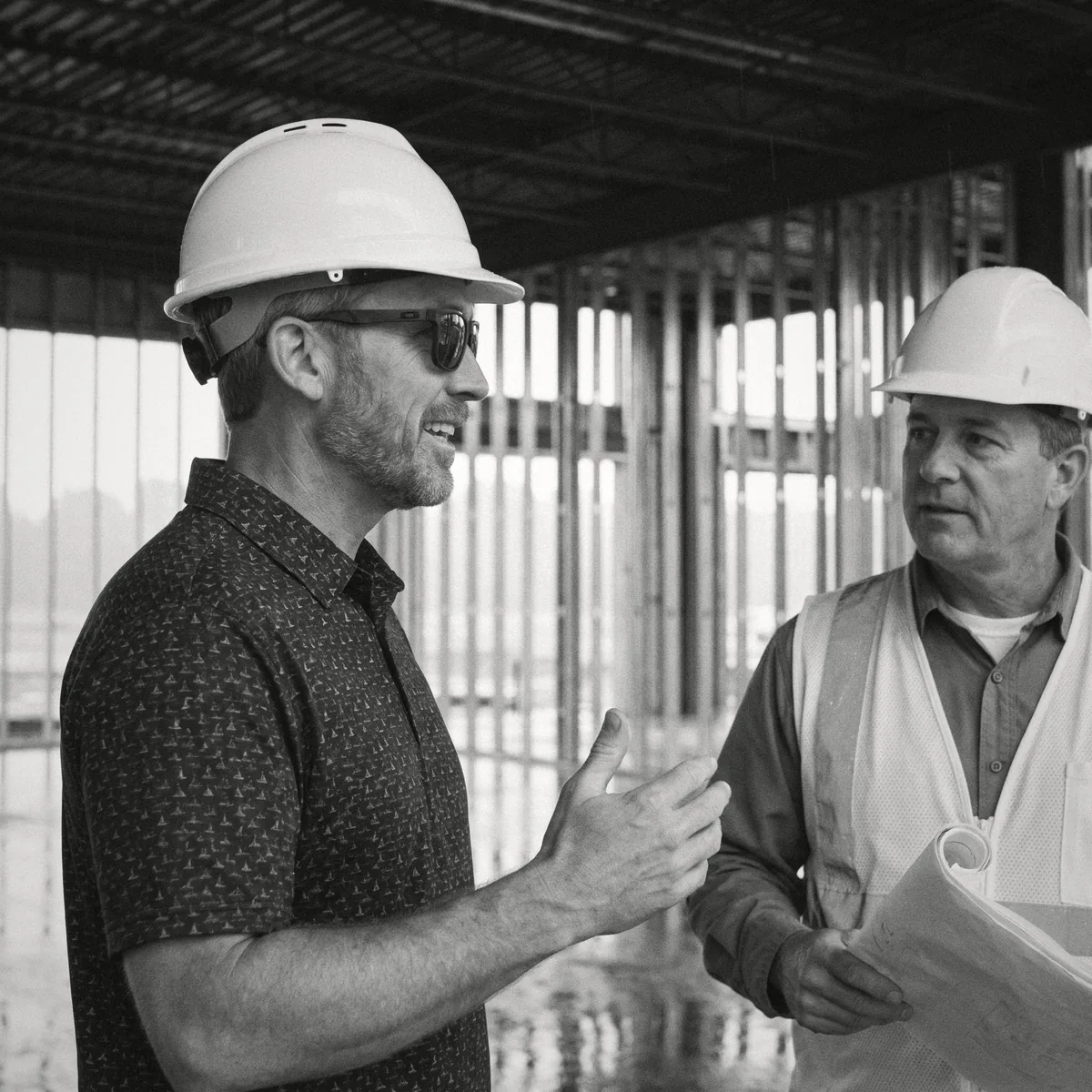 Black-and-white photo of Josh talking through a project with a contractor inside a steel-framed building