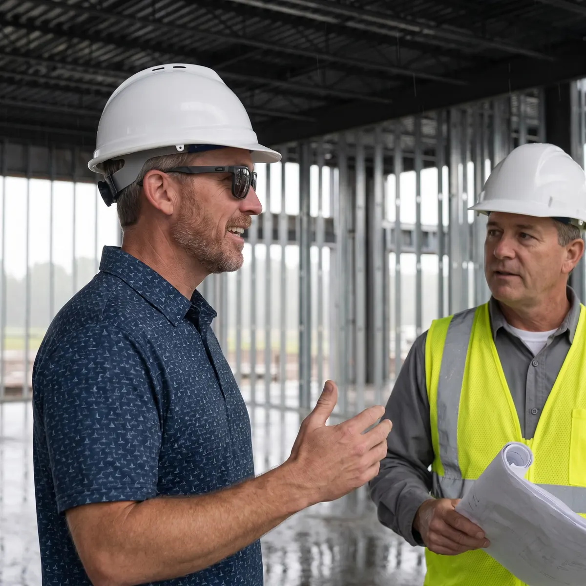 Josh talking through a project with a contractor inside a steel-framed building
