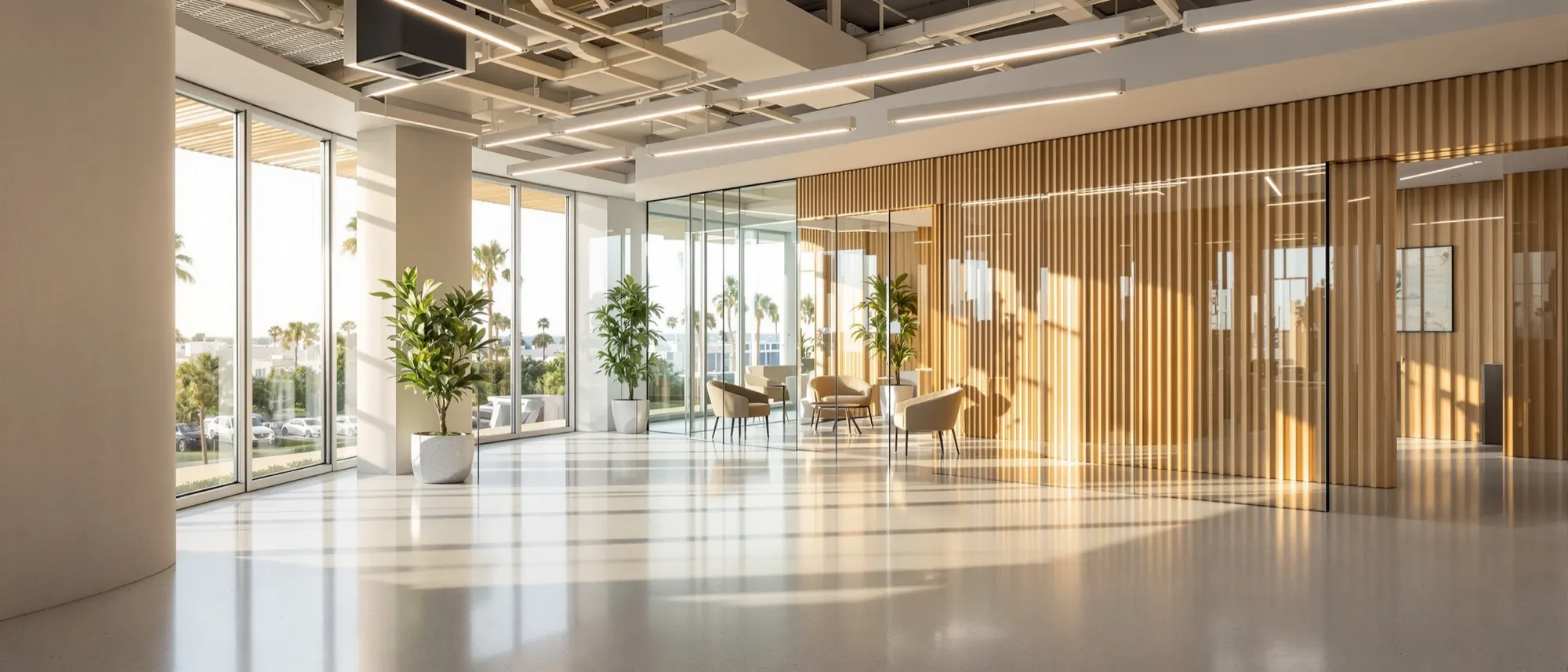 Finished office build-out with glass conference room and oak slat wall