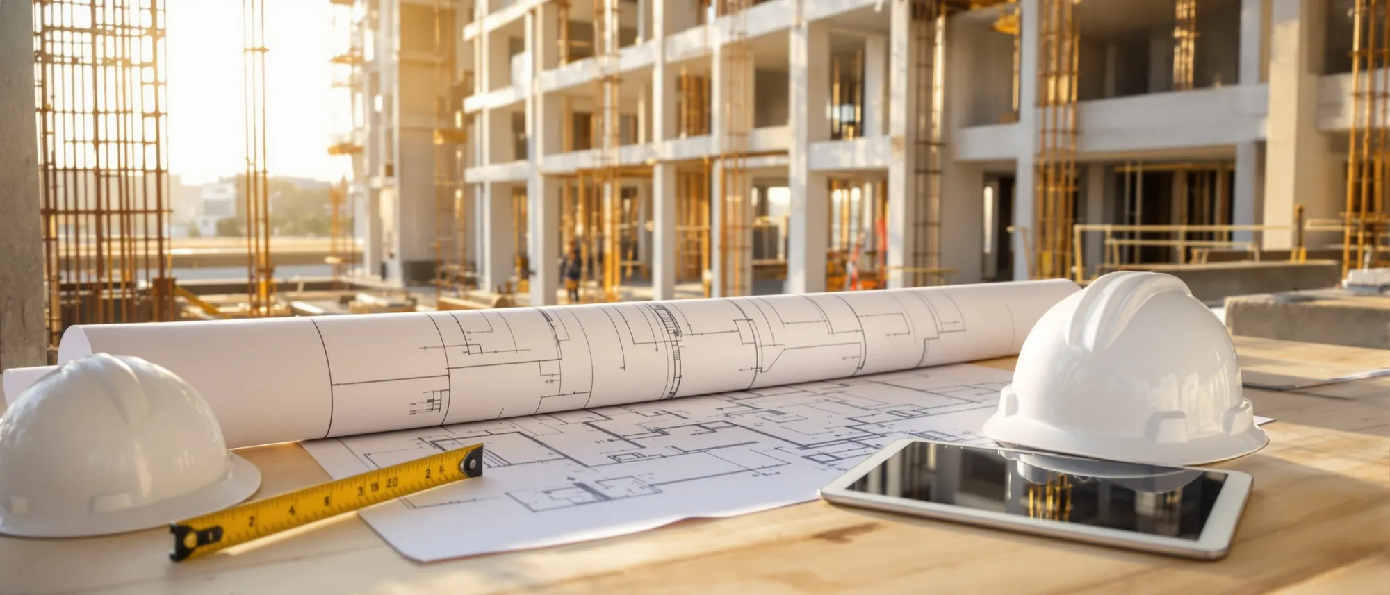 Construction plans and a hard hat on a job-site table