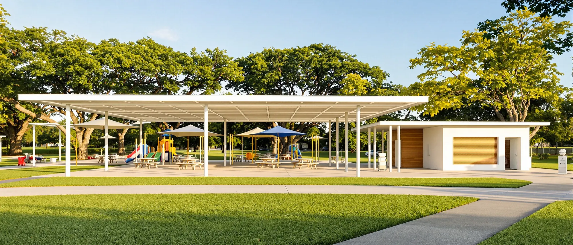 Public park pavilion and playground under live oaks