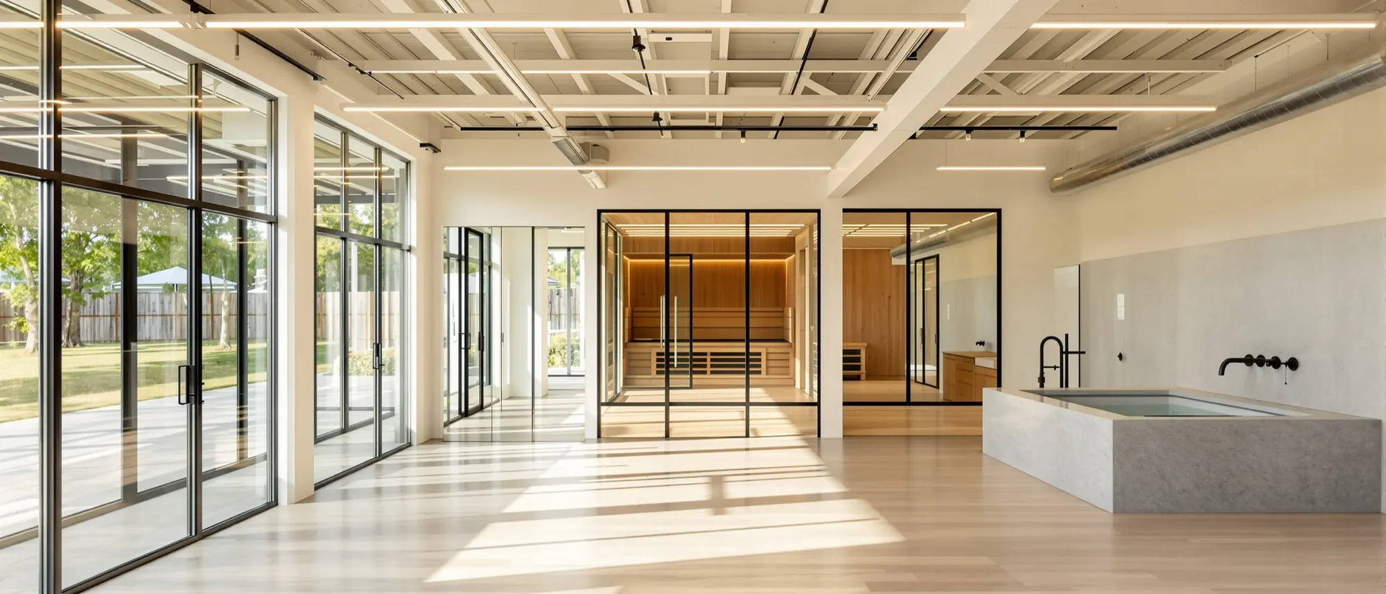 Private wellness studio with a glass-fronted cedar sauna